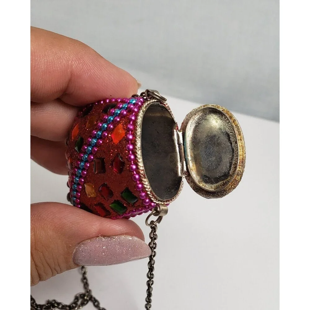 Vintage Tibetan Metal Cash Pill Stash Pouch Red Amulet Tincture Dangler 32" RARE - Picture 6 of 15